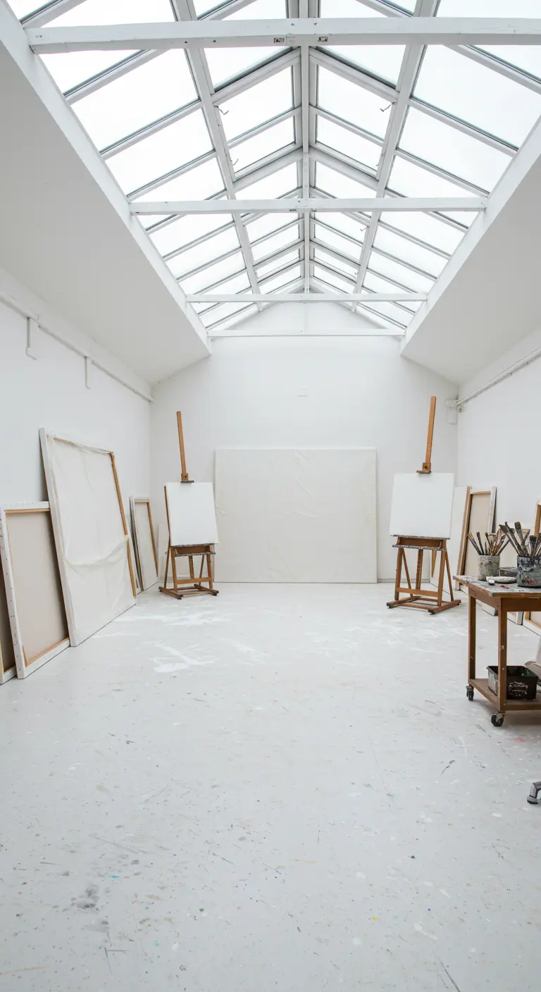 Bright white artist's studio filled with canvases and illuminated by a large skylight.