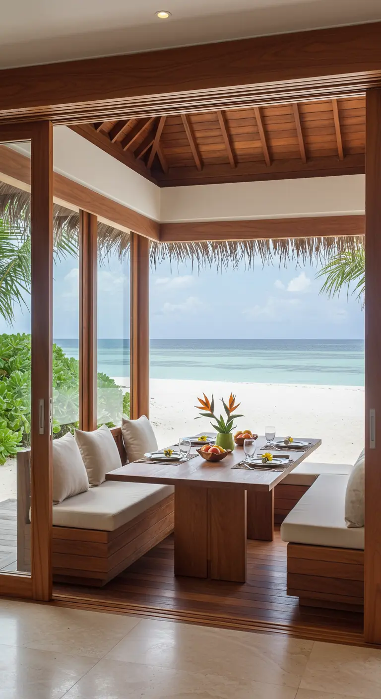 A tropical breakfast nook with teak furniture that opens directly onto a white sand beach.