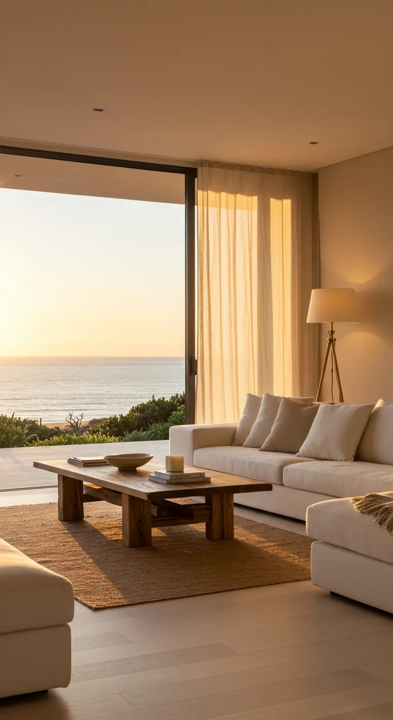 Sun-drenched living room with a white sofa and sheer curtains overlooking the ocean at sunset.