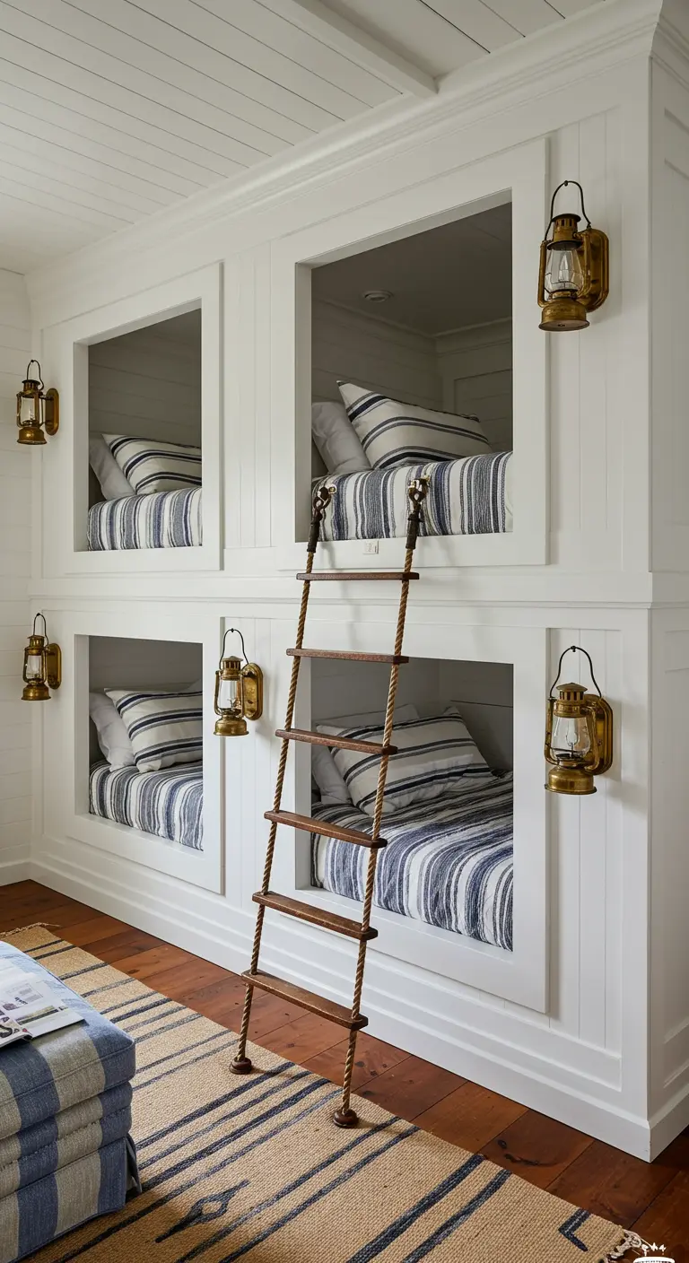 White built-in bunk beds with individual brass lantern sconces and a rope-and-wood ladder.
