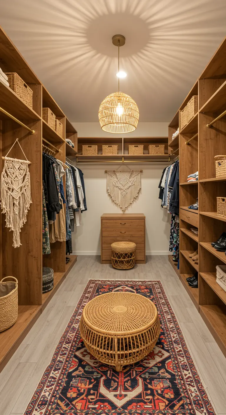 Walk-in closet with a large Persian rug, rattan ottoman, and macrame wall decor.