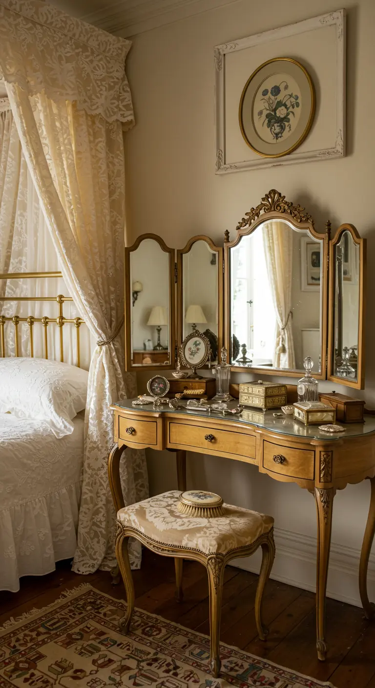A detailed shot of an antique wooden vanity with a tri-fold mirror next to a canopied bed.