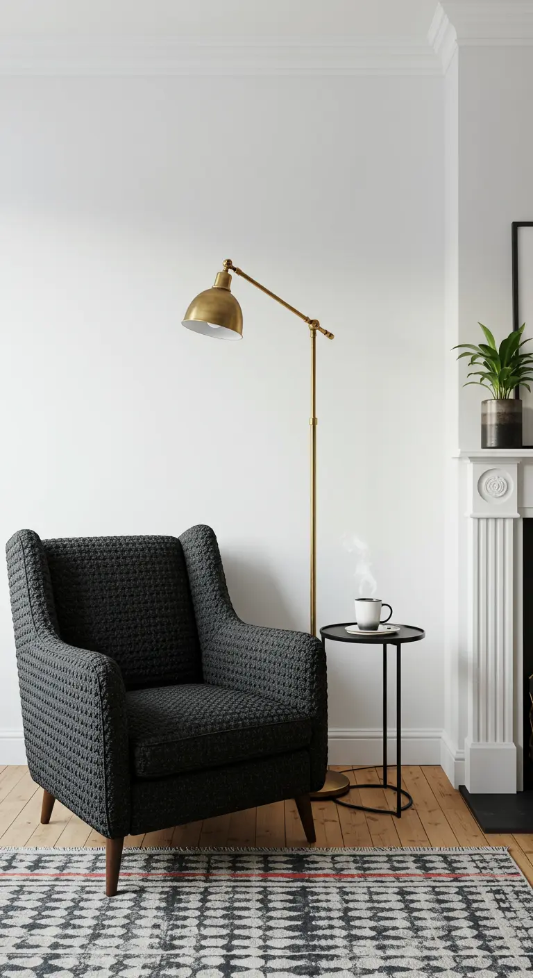 A charcoal armchair next to a fireplace with a brass floor lamp and a small black side table.