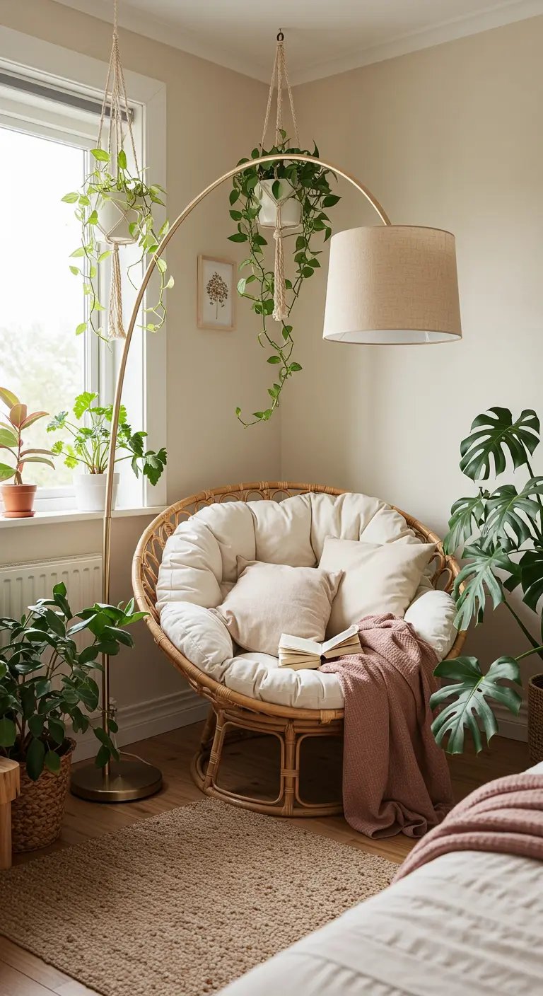 A cozy reading nook with a large rattan Papasan chair, an arc floor lamp, and numerous houseplants.