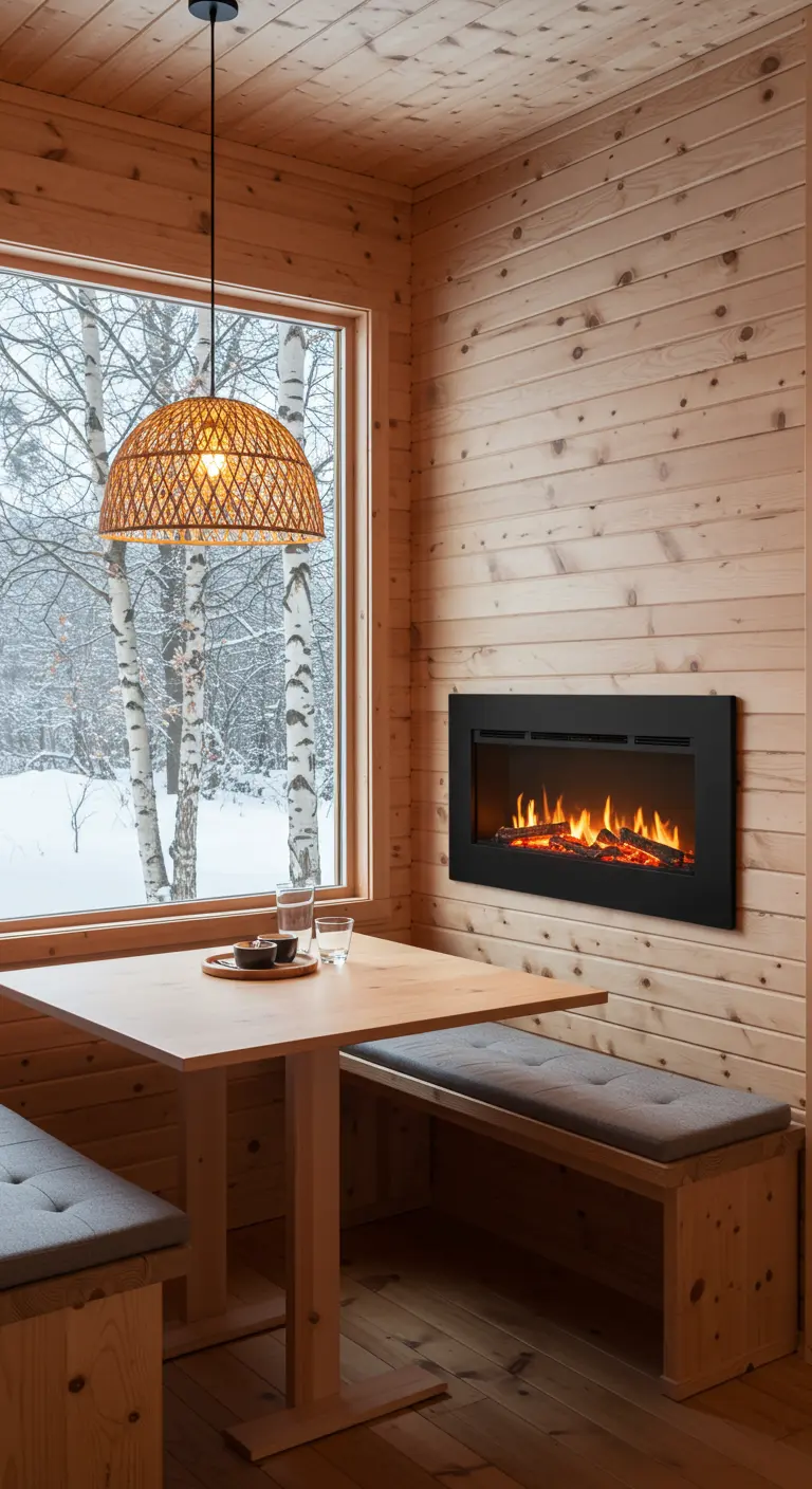 Breakfast nook with a built-in bench, simple table, and a wall-mounted electric fireplace.