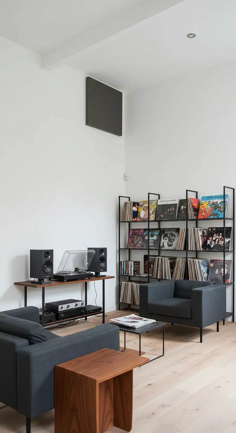 A listening corner in a loft with a record player, speakers, and shelves filled with vinyl records.