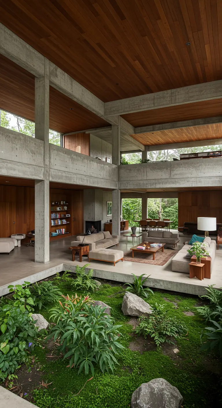Sprawling open-plan home with a large sunken indoor garden at its center.