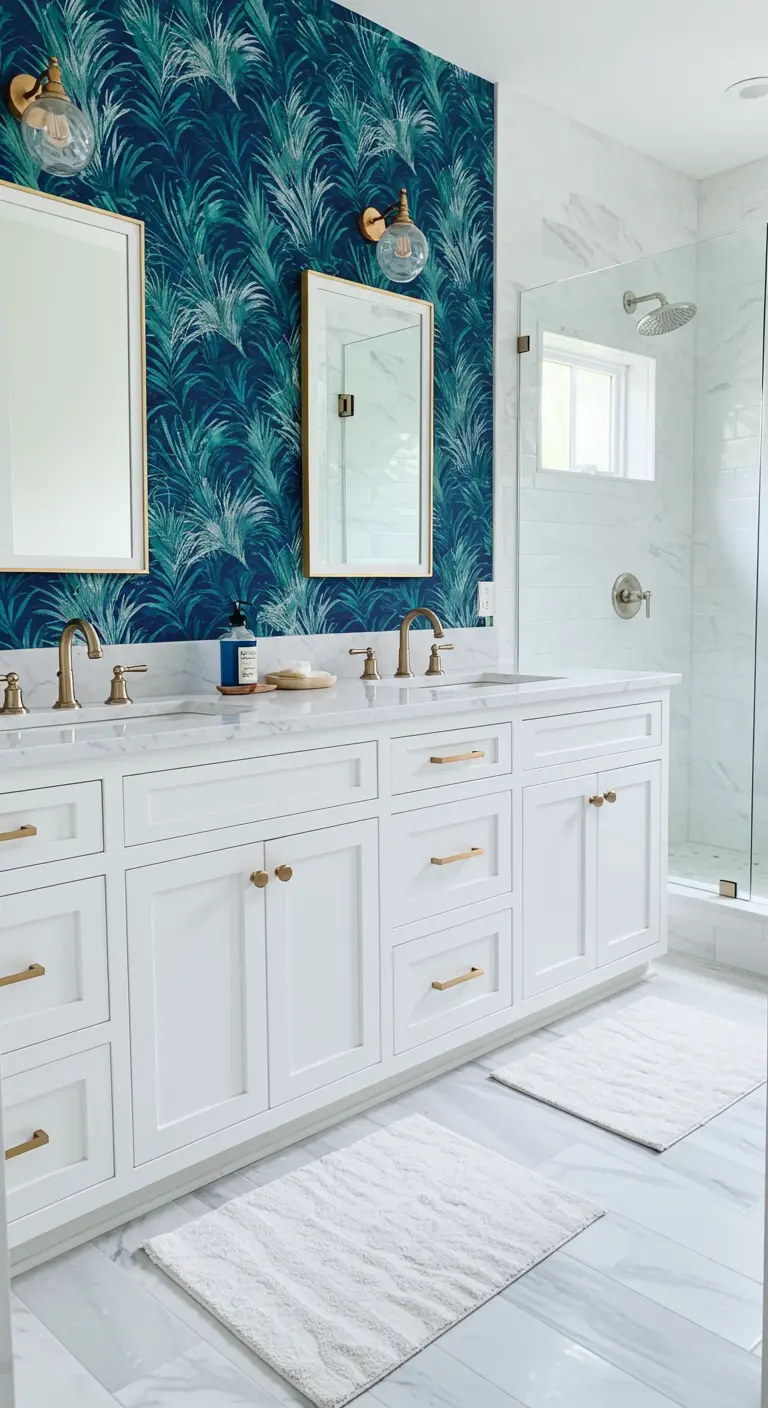 Bathroom with a blue and green palm wallpaper accent wall behind a white double vanity.