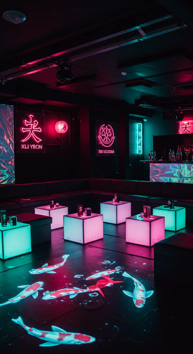 A dark lounge with illuminated tables and a projection of koi fish swimming across the floor.