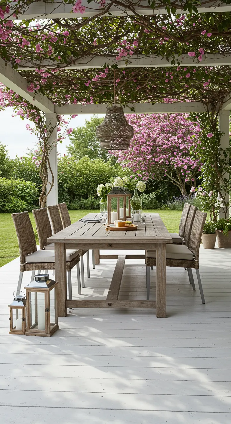 Outdoor dining table on a white deck under a pergola covered in pink flowers.