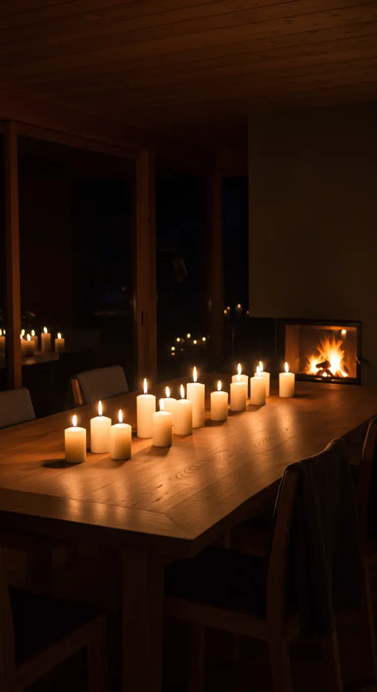A wooden dining table illuminated by a dense arrangement of lit candles at night.