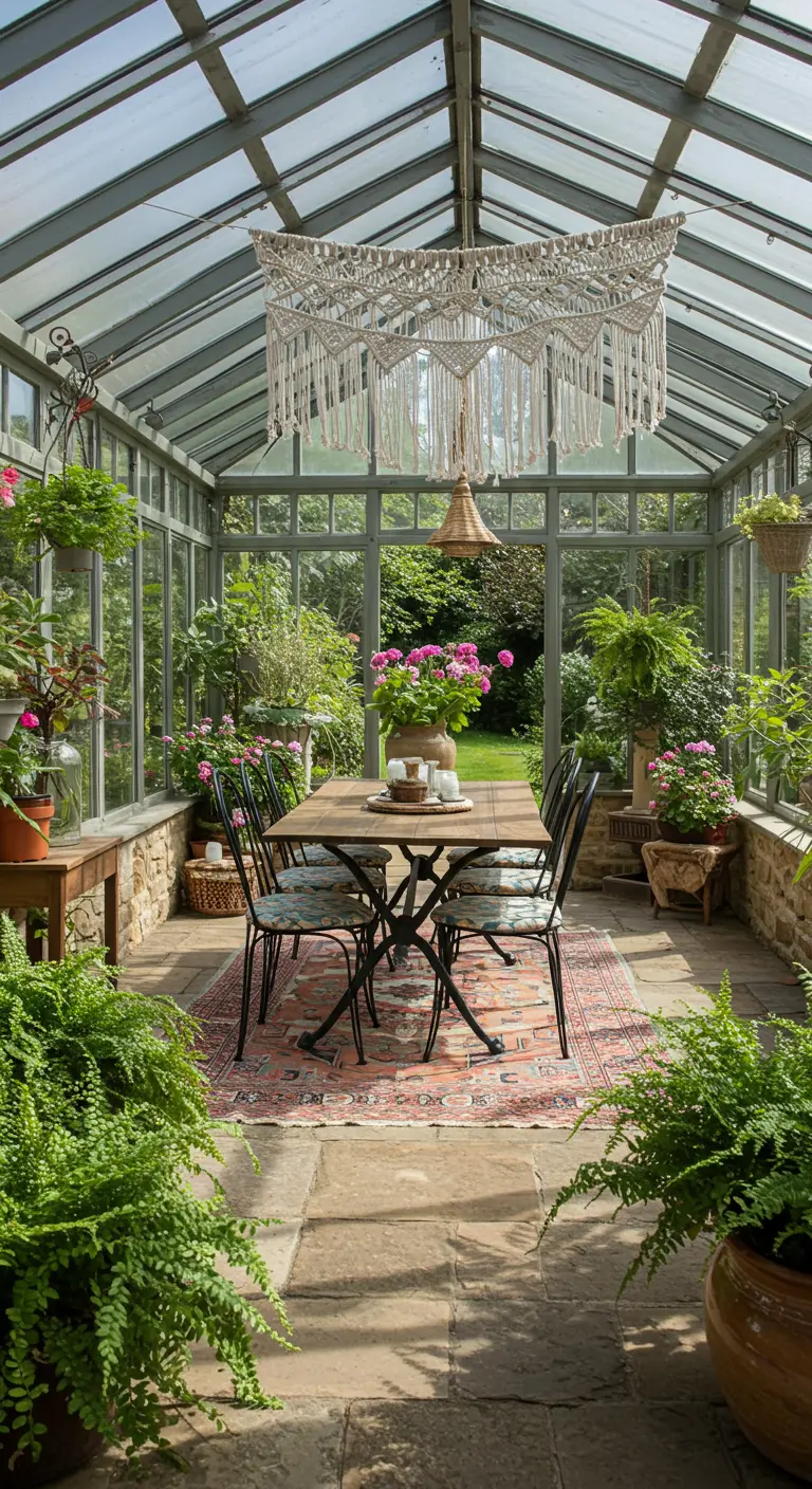 A dining room in a glass conservatory filled with plants, with a macramé canopy overhead.