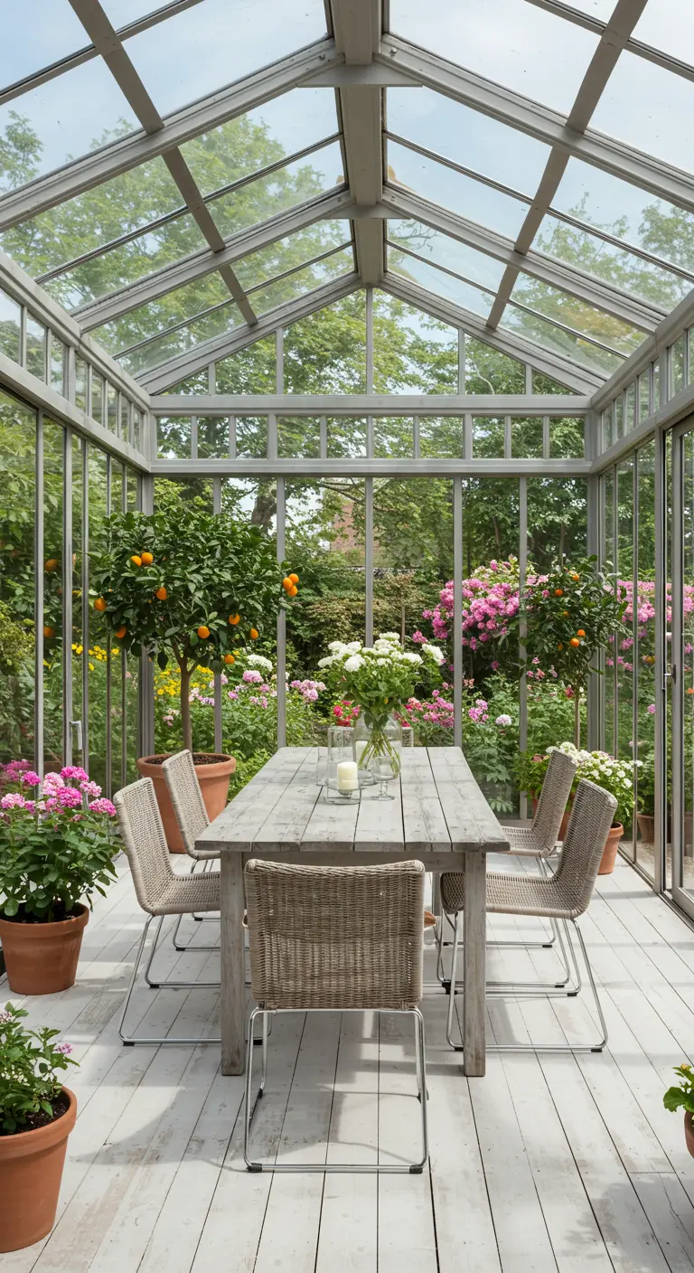 Dining table set inside a glass greenhouse, surrounded by flowering plants in terracotta pots.