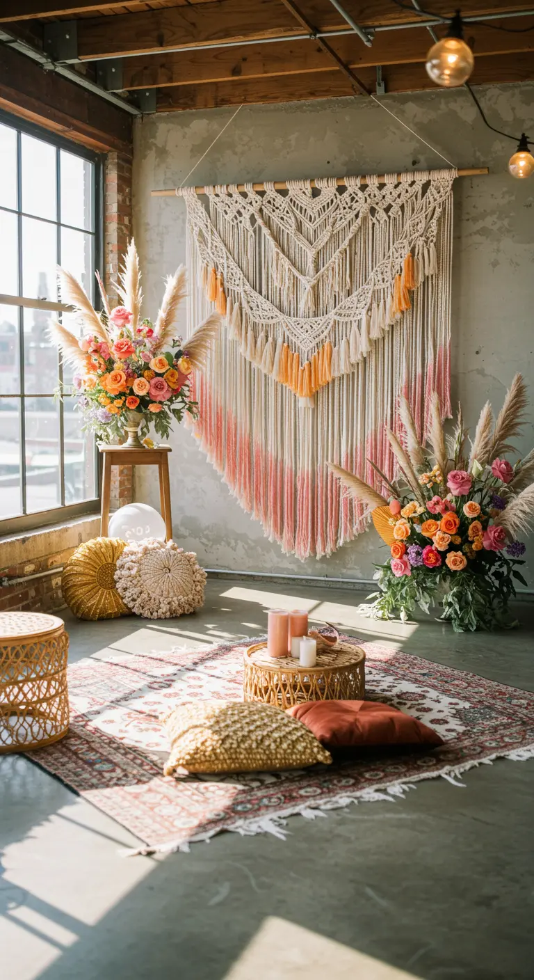 A boho party corner with a large macrame wall hanging dip-dyed with pink and orange.
