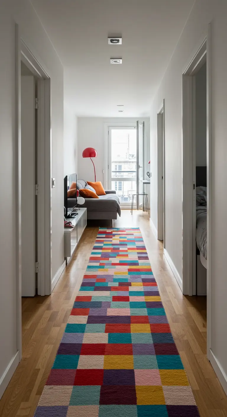 A long hallway with a vibrant, multicolored geometric runner on a wood floor.
