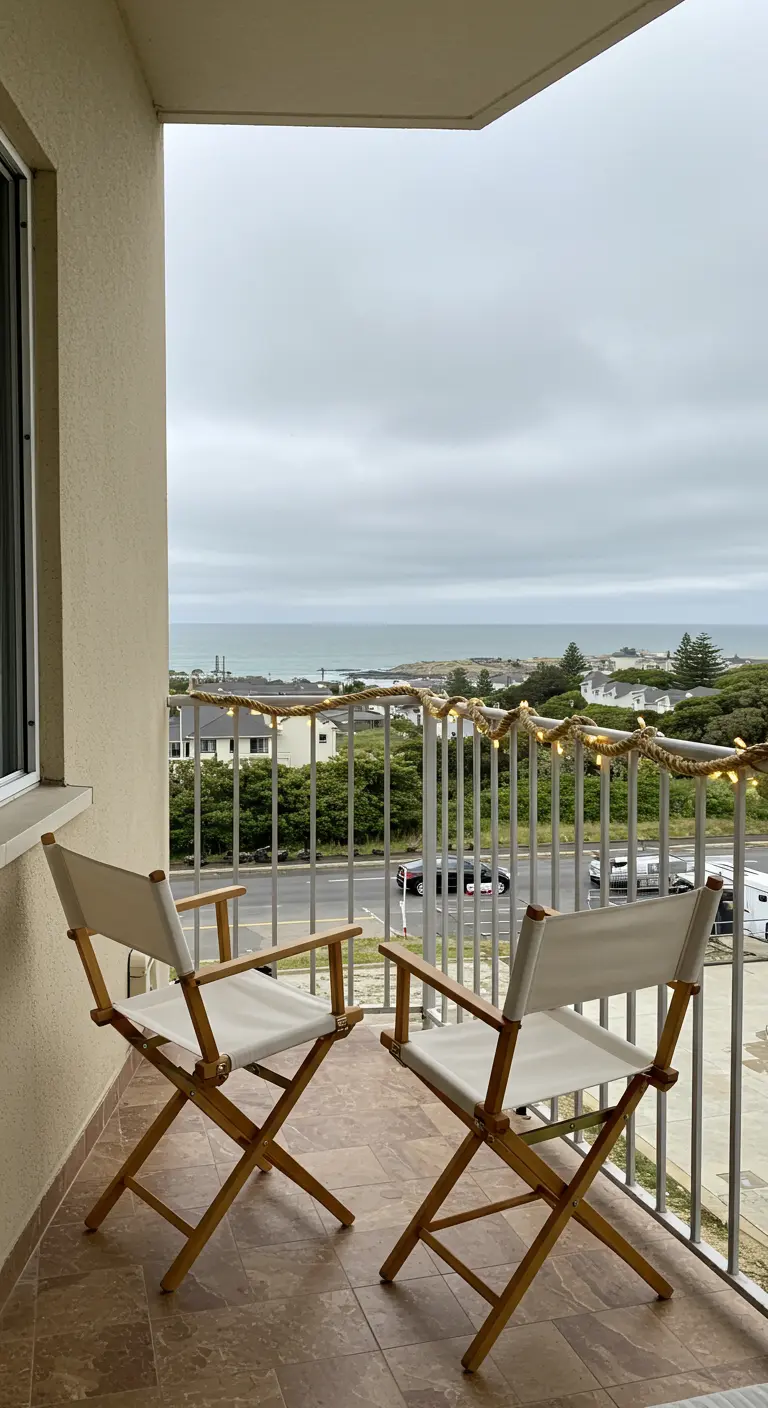 Two canvas director's chairs on a small balcony with a rope light on the railing.