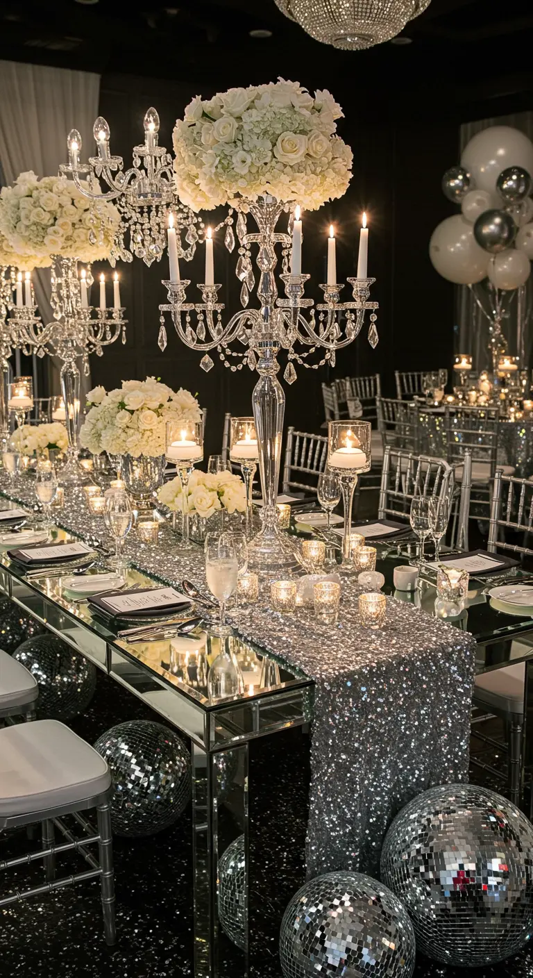 Mirrored table with a silver sequin runner, crystal candelabras, and disco balls.
