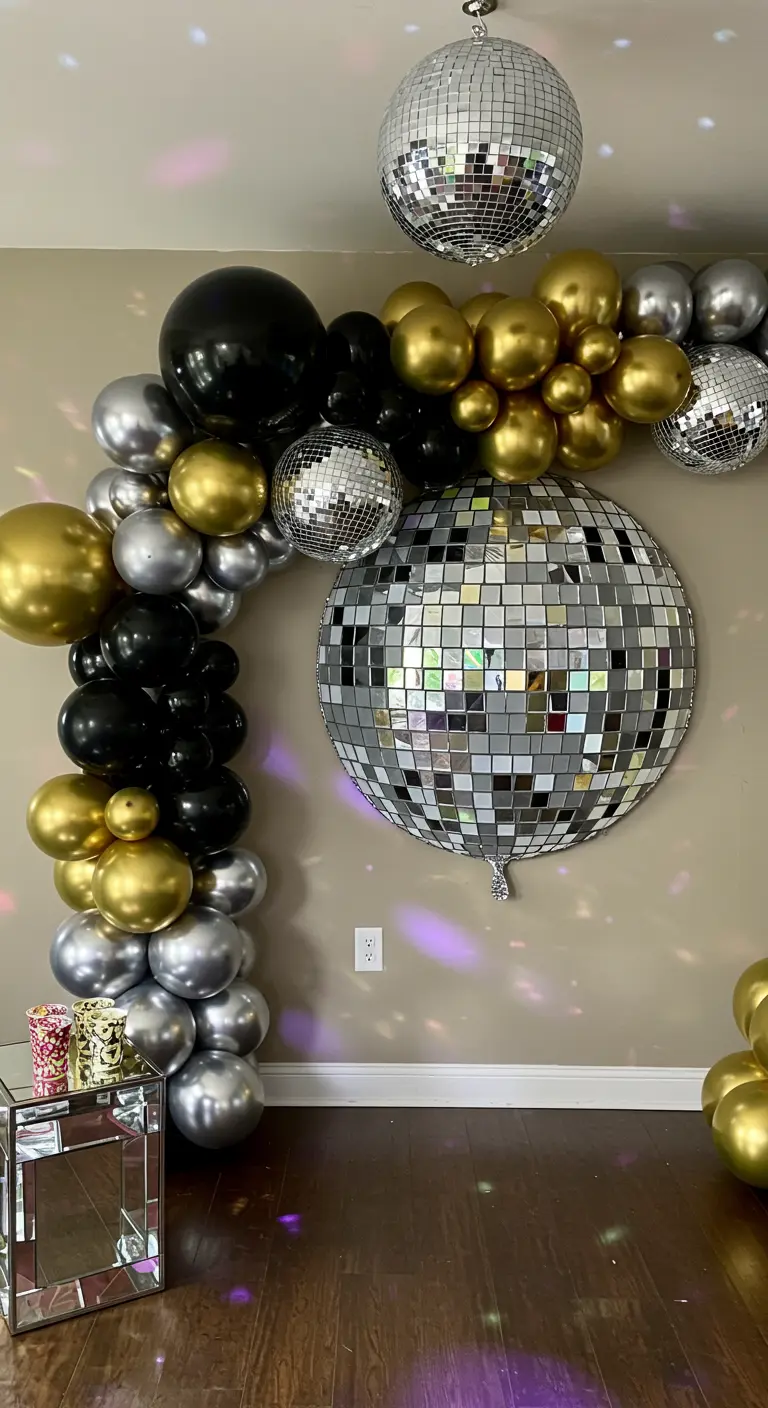 A balloon arch in black, gold, and silver surrounding several disco balls.