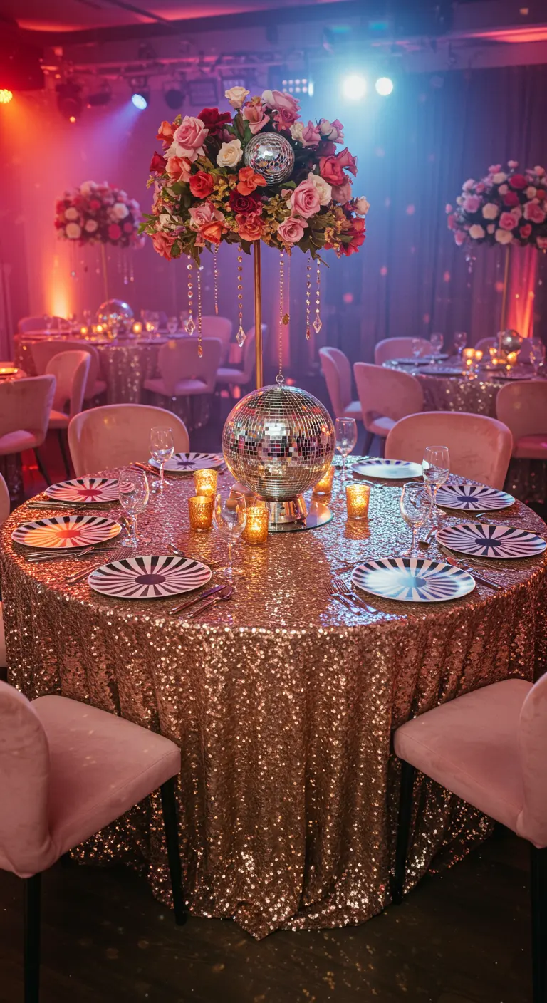 A party table with a disco ball centerpiece, sequin tablecloth, and bold striped plates.