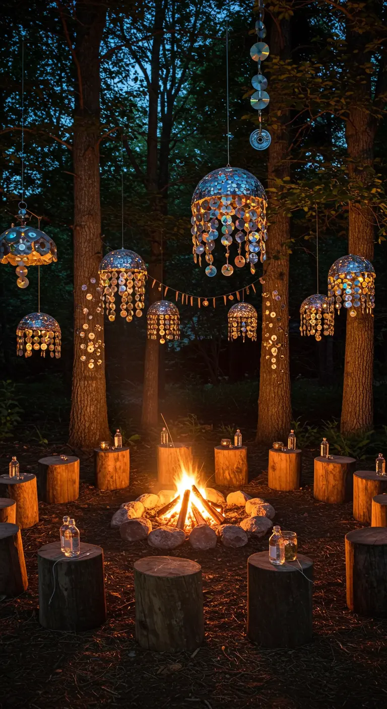 Forest campfire setting with shimmering chandeliers made from old CDs.