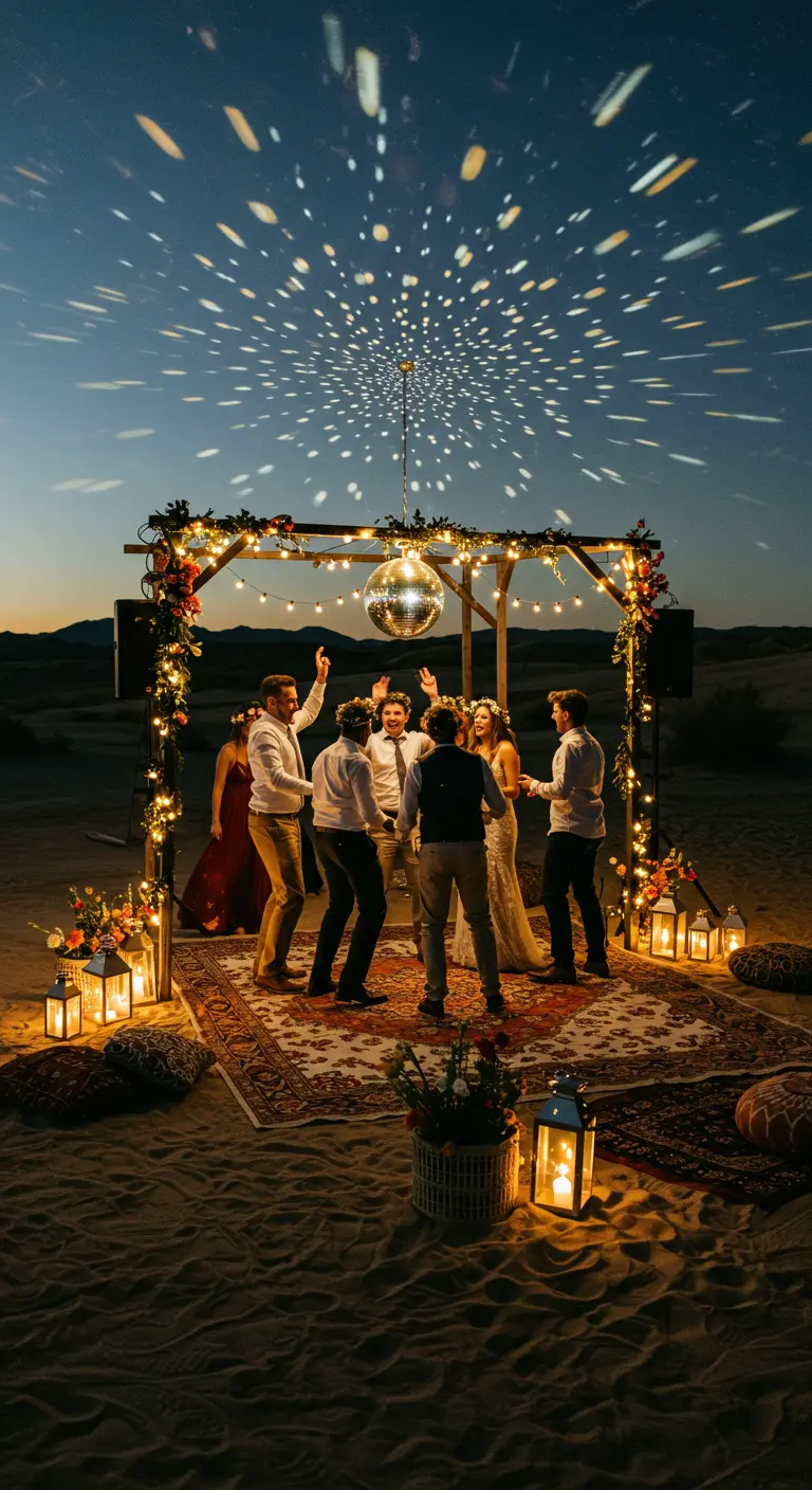 People dancing under a disco ball and string lights on a rug in the desert.