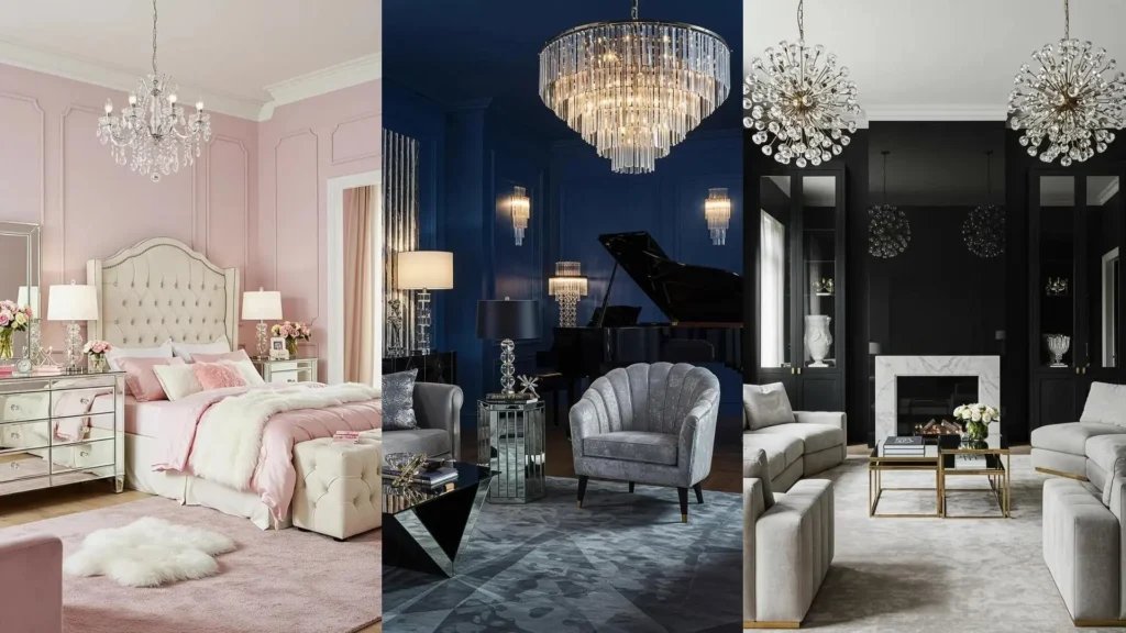 Glam interiors showcase crystal lighting, mirrored furniture, and high-gloss details in pink, blue, and black luxury rooms.
