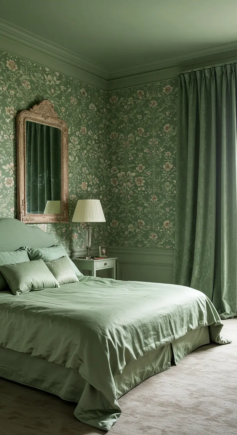 Monochromatic sage green bedroom with matching wallpaper, bedding, and curtains.