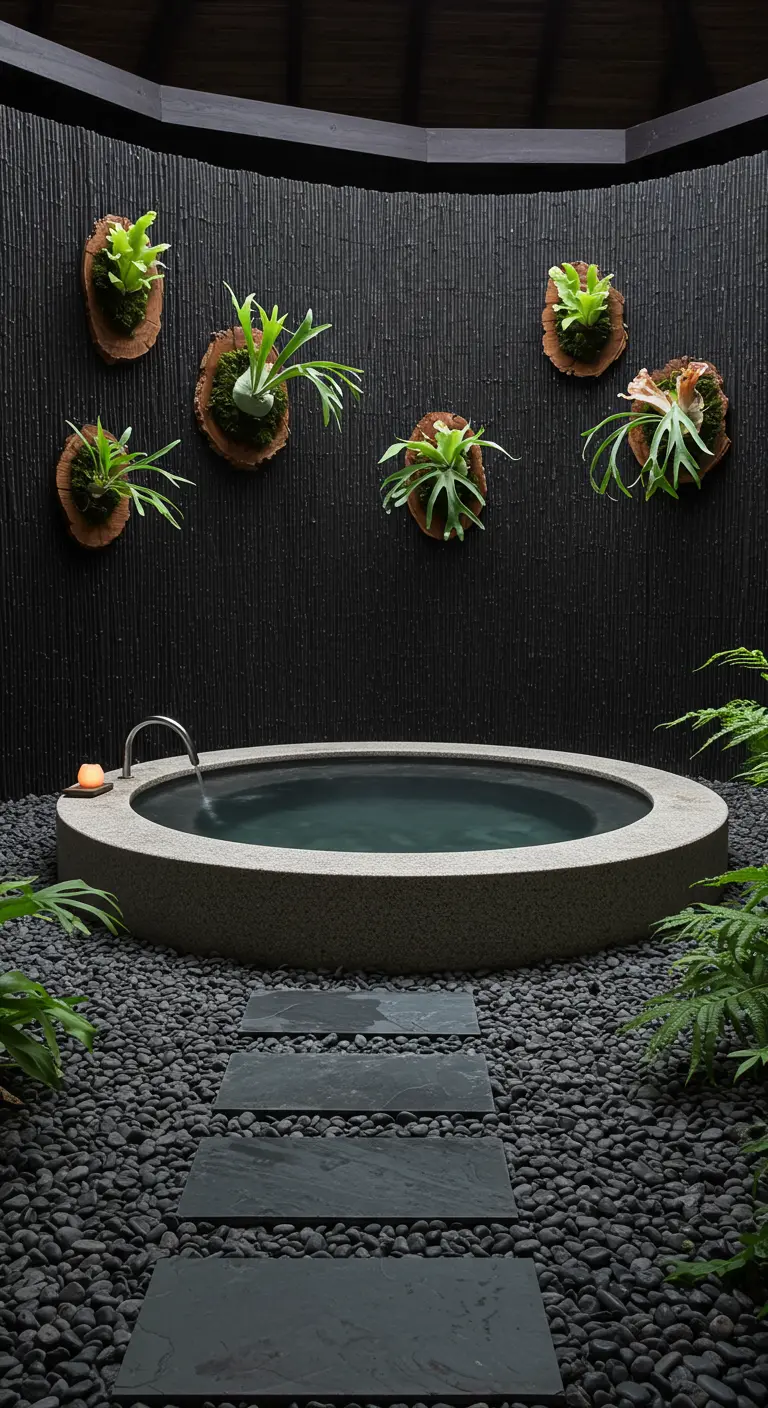 A dark, moody bathroom with staghorn ferns mounted on wood plaques against a black wall.