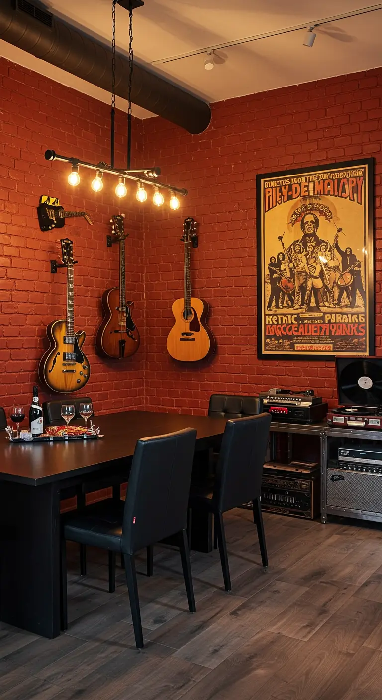 Dining room with guitars mounted on a red brick wall next to a vintage music poster.