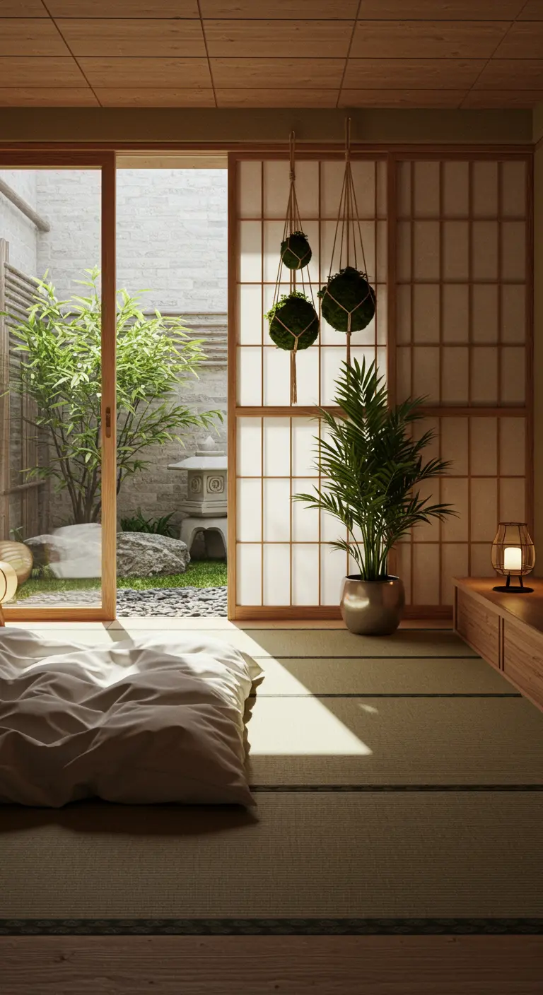 Japanese bedroom with sliding doors open to a small zen garden with moss and rocks.