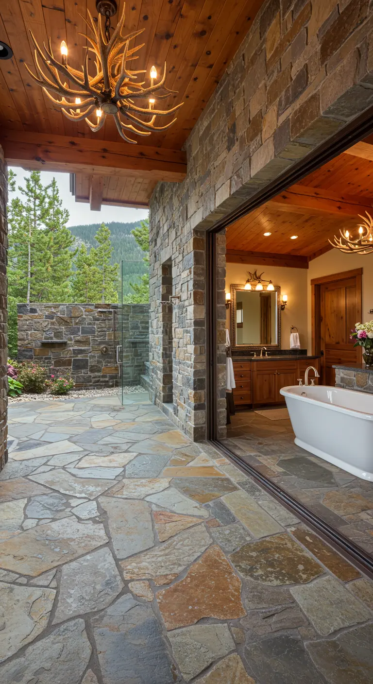 Bathroom with a large sliding glass wall opening to a stone patio and outdoor shower.