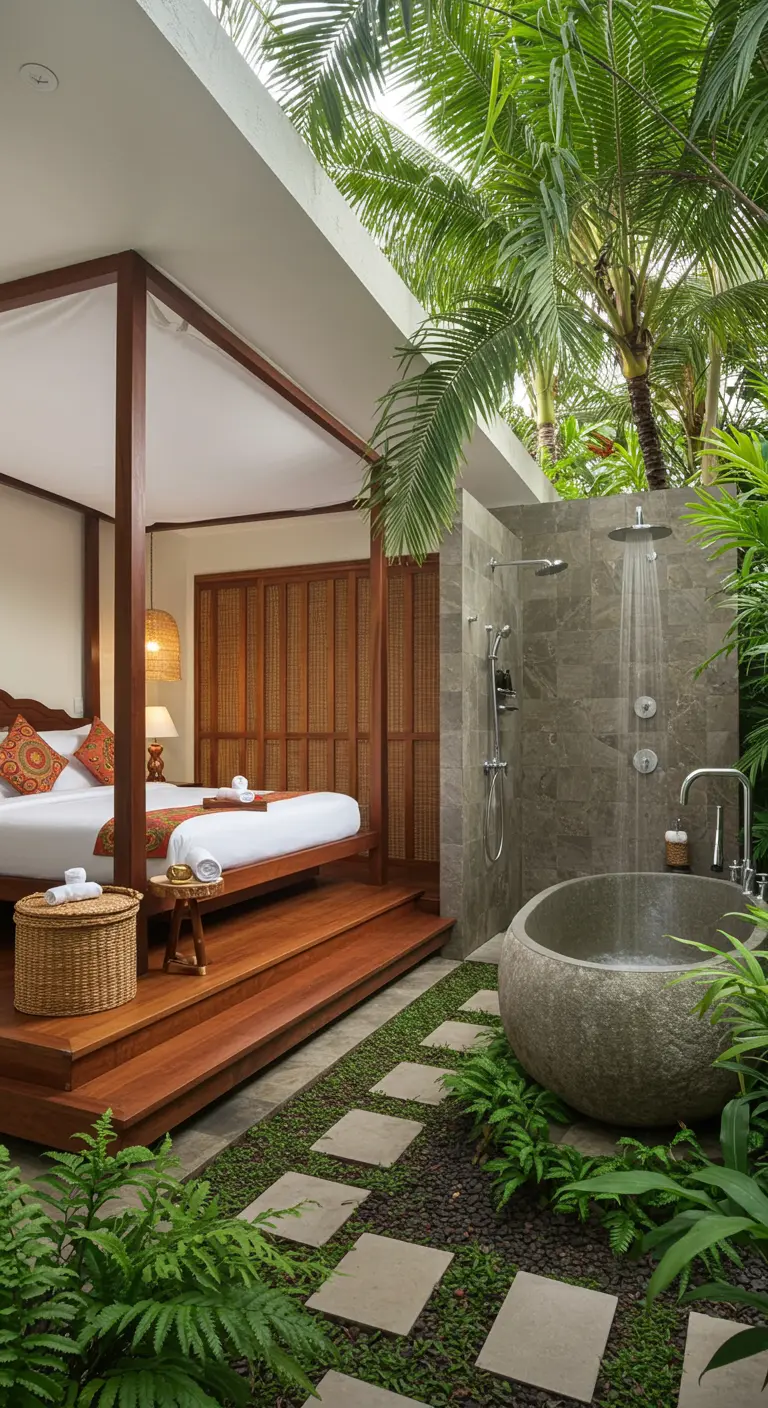 Open-concept bedroom leading to an outdoor stone tub and shower.