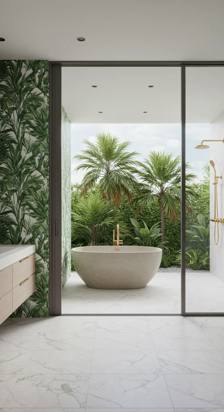 Bathroom with palm wallpaper opening to an outdoor patio with a stone tub and real palms.