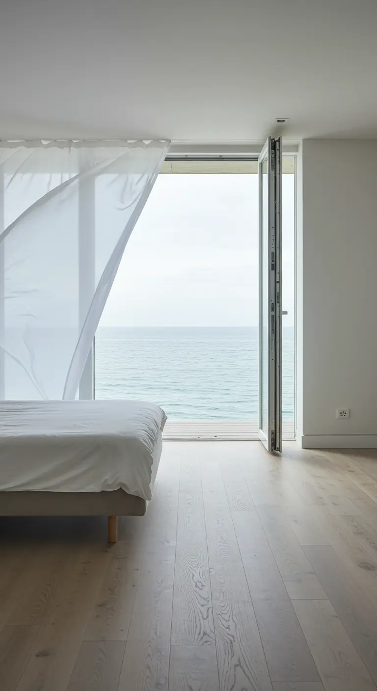 A minimalist bedroom with an open bifold door revealing a sea view, with a white curtain blowing.
