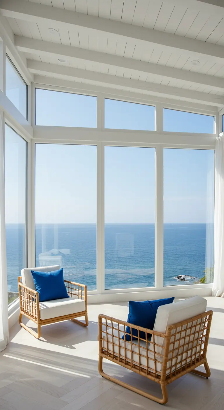 Sunroom with panoramic ocean views and light rattan seating.