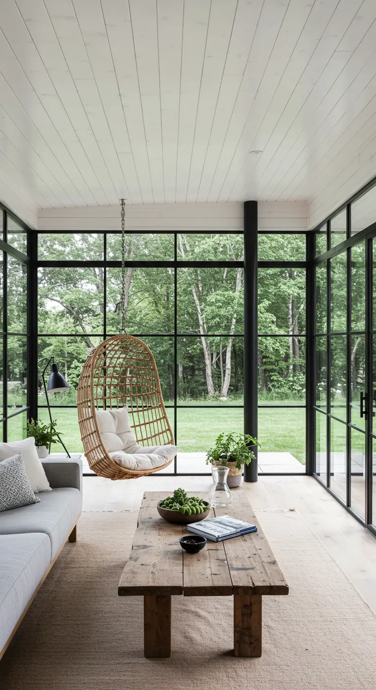 Sunroom with black-framed glass walls, a hanging rattan chair, and views of a green lawn.