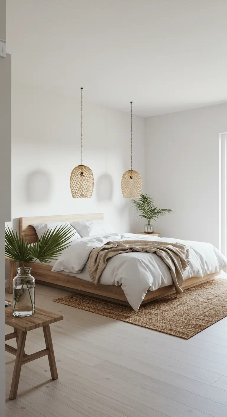Minimalist bedroom with a low wooden bed, jute rug, and two hanging woven pendants.