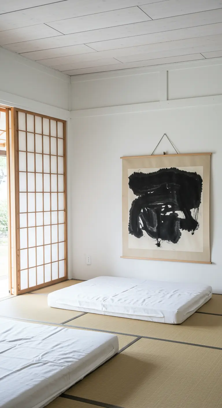 Minimalist room with two futons on a tatami mat floor and a large abstract black ink scroll.