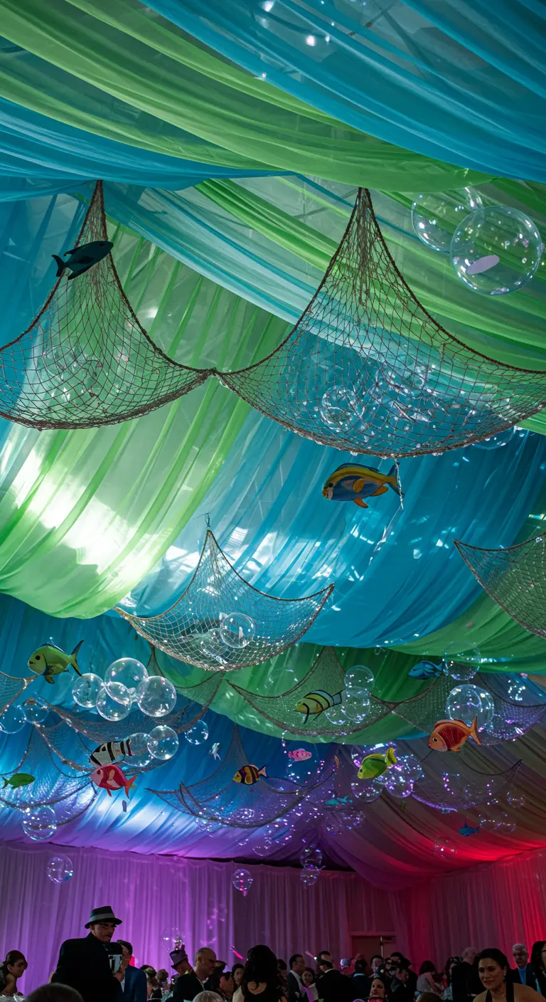 Ceiling draped with blue and green fabric, fishing nets, clear bubbles, and fish for an underwater effect.