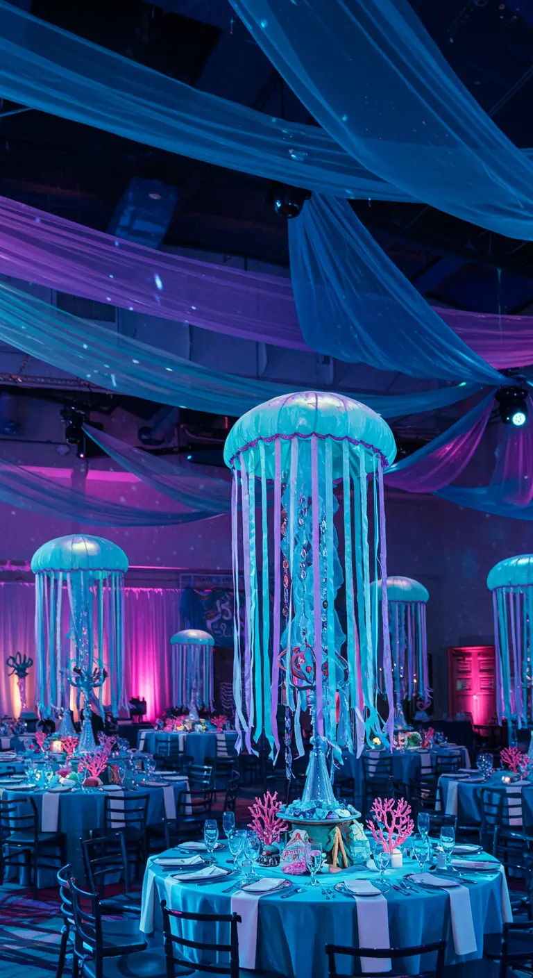 A party room with glowing jellyfish-like lanterns hanging from the ceiling.
