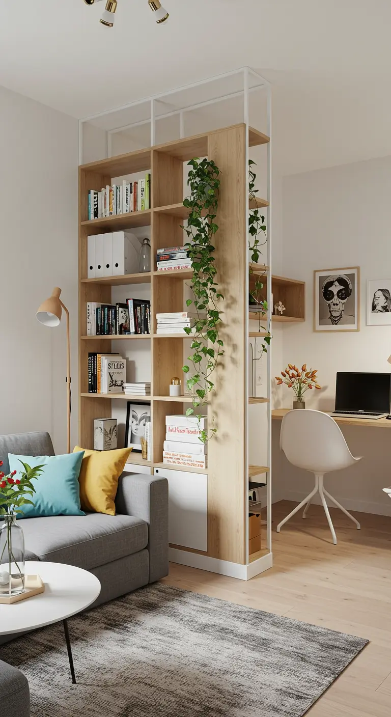An open-backed wood and white bookshelf divides a living room from a desk area.
