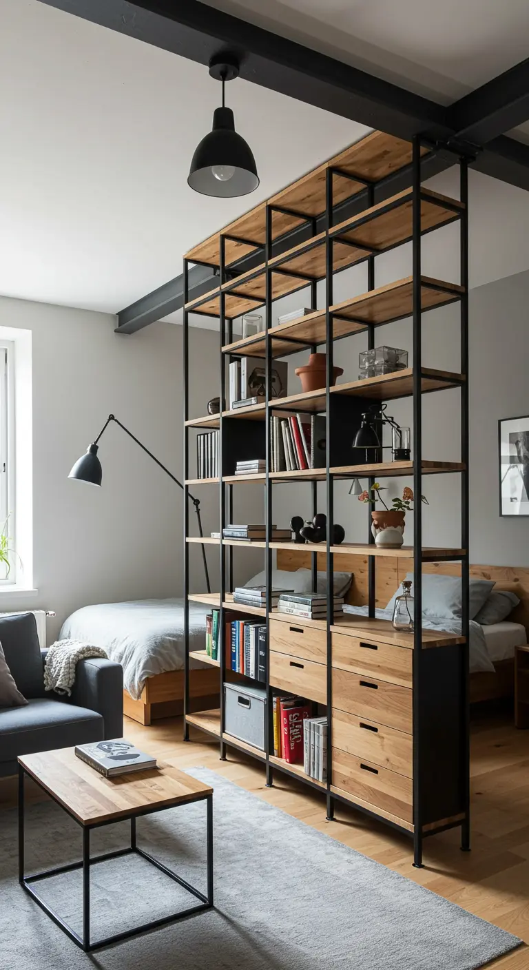 A studio apartment where a large black-and-wood shelving unit separates the bed from the living area.