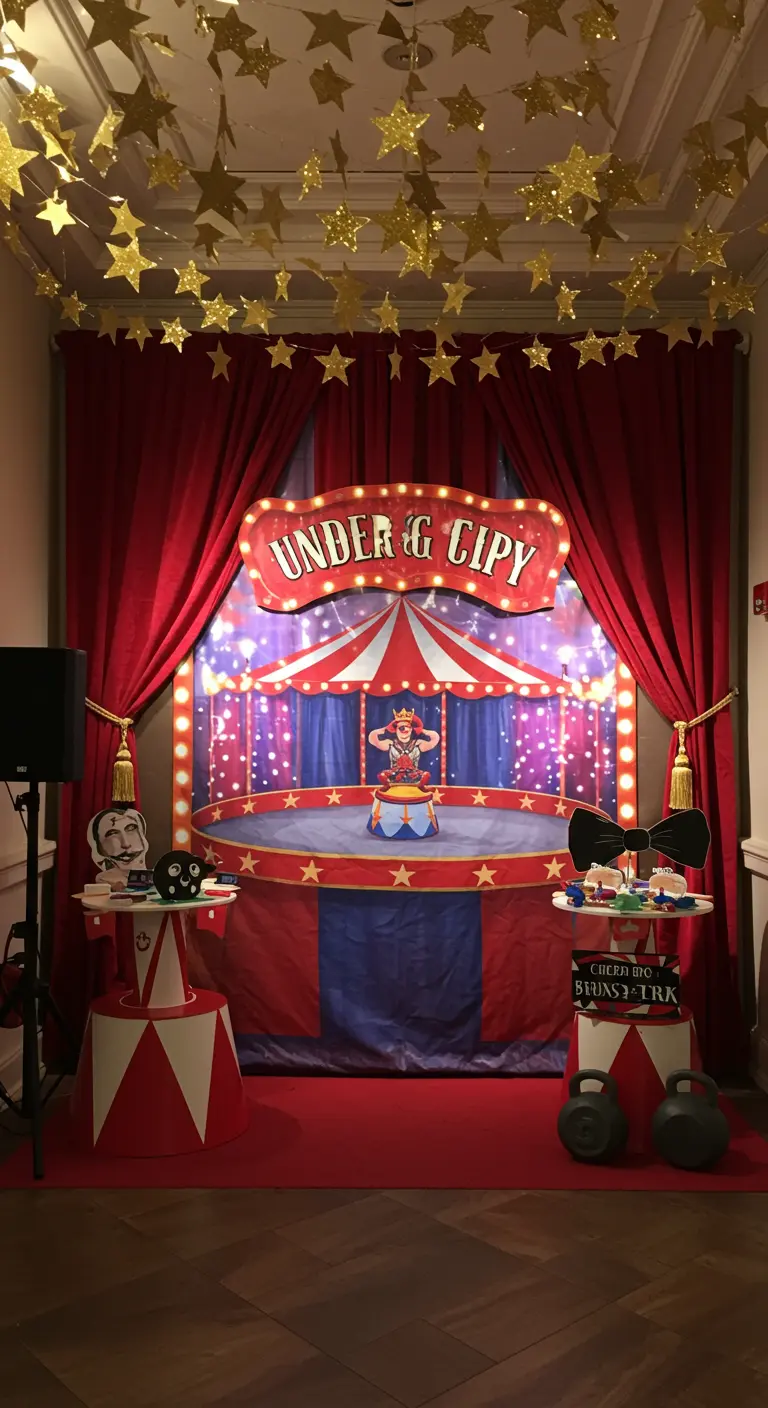 A circus-themed photo booth stage with red curtains and a light-up sign.