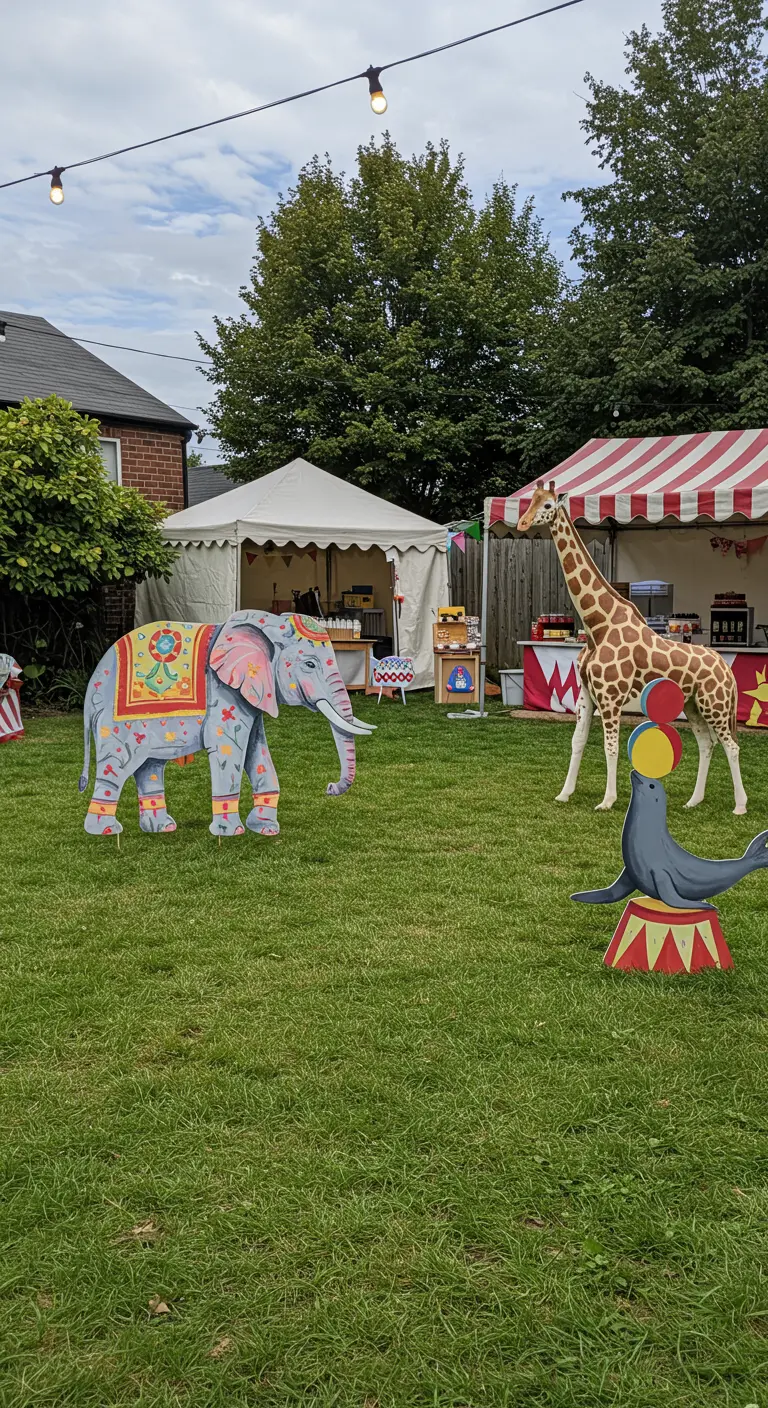 Large, colorful painted cutouts of a circus elephant, giraffe, and seal on a lawn.