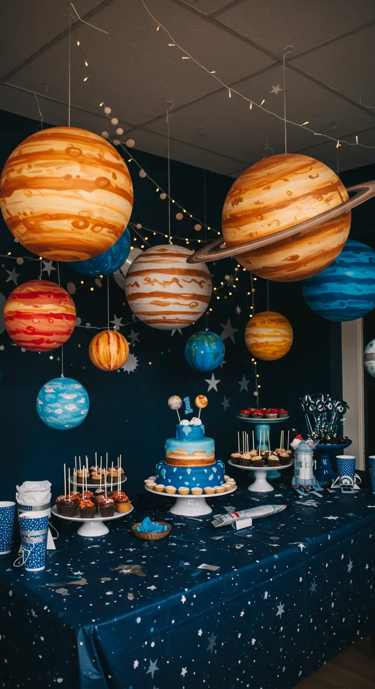 A birthday party with painted paper lanterns hanging from the ceiling to look like planets.