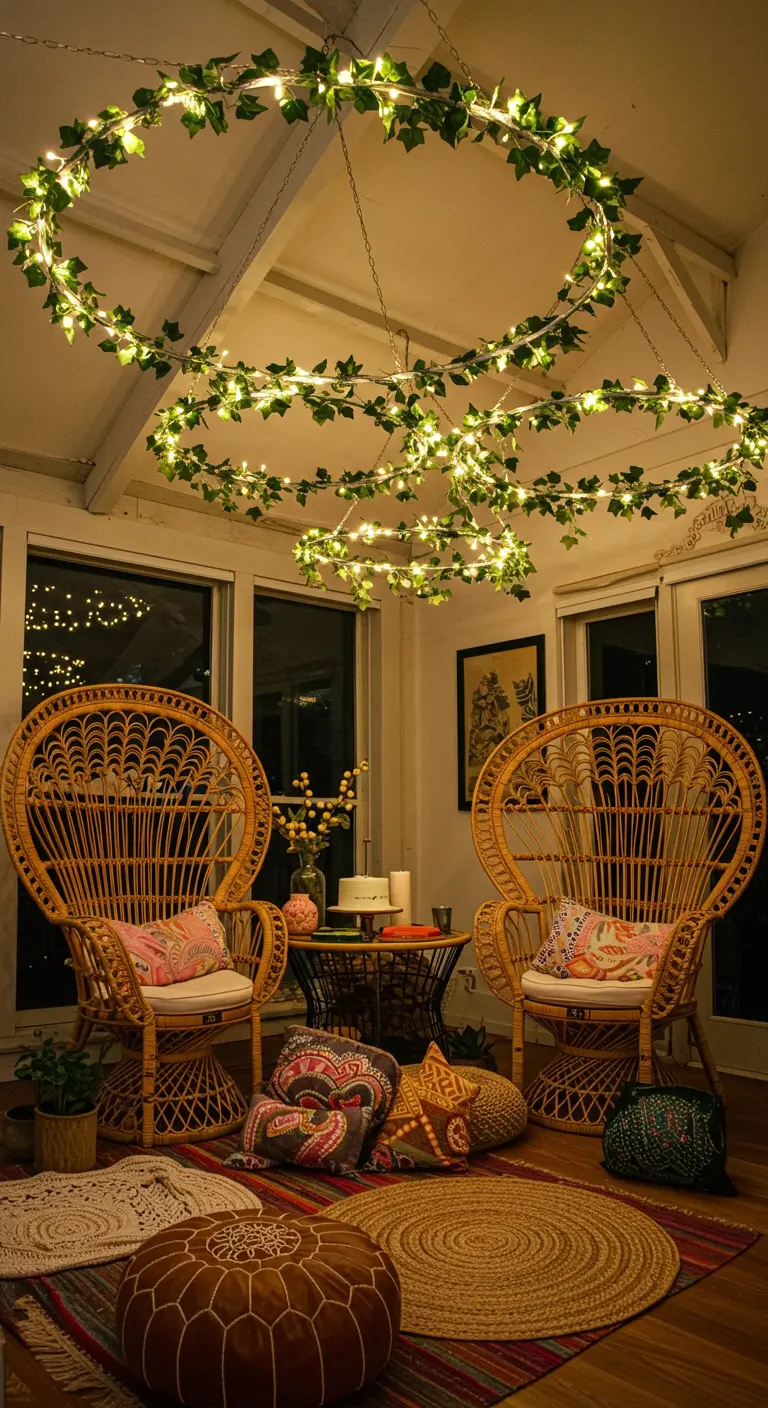 Hula hoops wrapped in ivy and string lights hanging from a ceiling as DIY chandeliers.