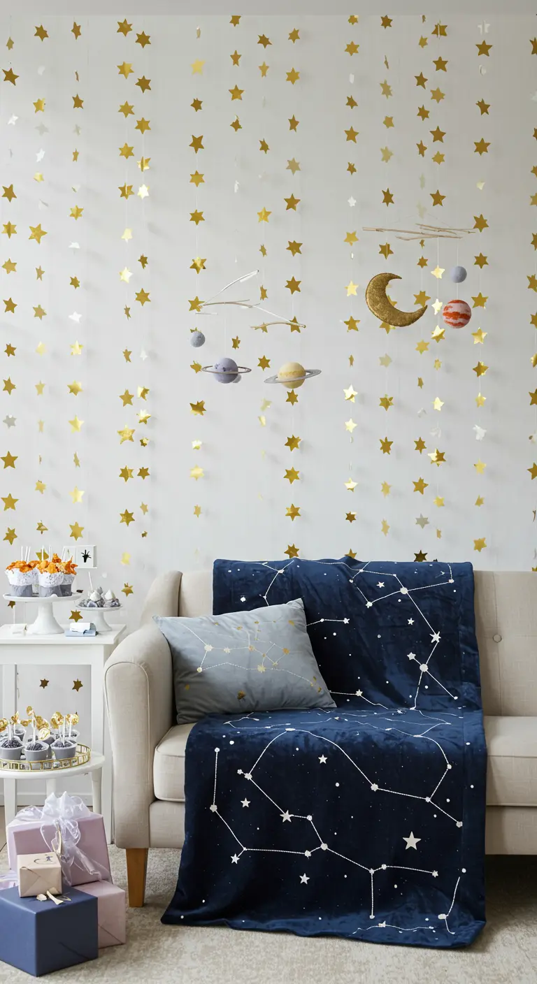 Gold star garlands hanging down a white wall behind a sofa with a constellation blanket.