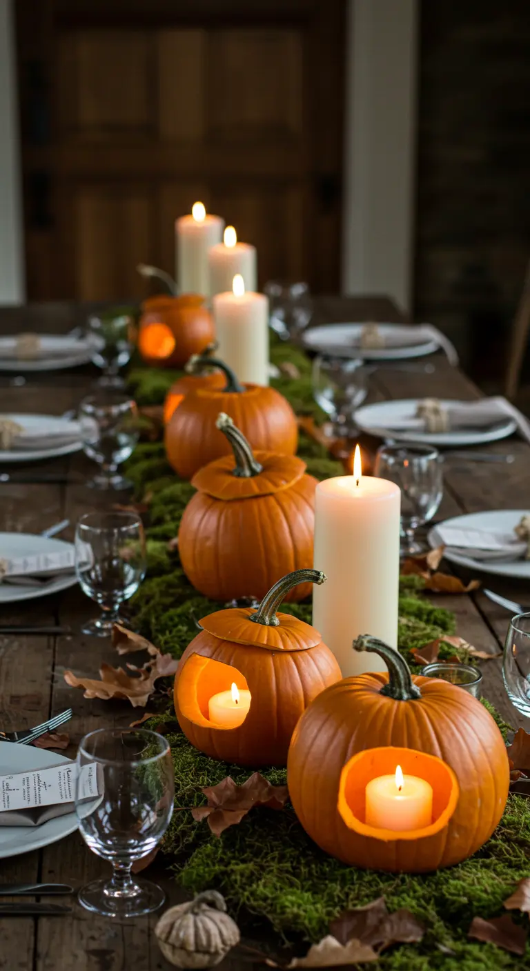 Pumpkins carved to hold candles, arranged on a mossy table runner for a warm glow.
