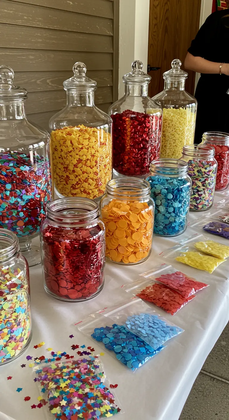 A table with large glass jars filled with different types of colorful confetti.