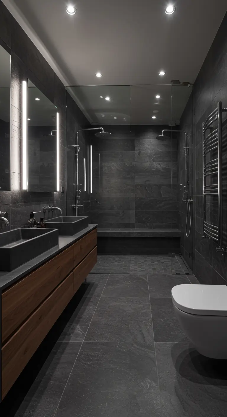 Dark gray bathroom with a wood double vanity, vessel sinks, and a large walk-in shower.